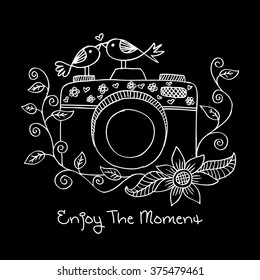 old camera with birds. Sketchy style.
