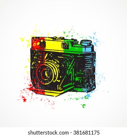Old camera with dirty shapes on grunge background. vector illustration