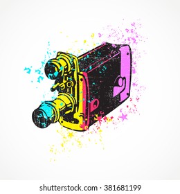 Old camera with dirty shapes on grunge background. vector illustration