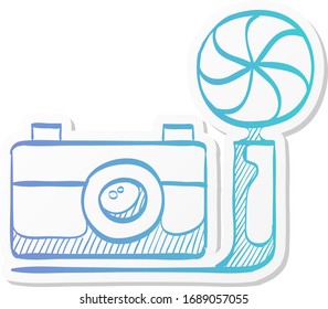 Icono de cámara antiguo en color pegatina. Fotografía de imágenes electrónicas de película analógica vintage