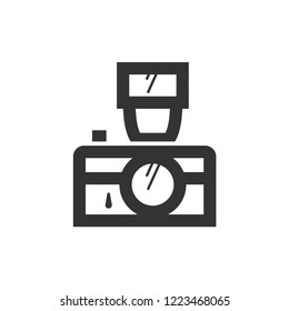 Old camera icon in thick outline style. Black and white monochrome vector illustration.