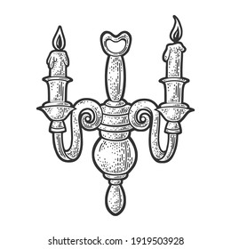 Old candelabrum candlestick sketch engraving vector illustration. T-shirt apparel print design. Scratch board imitation. Black and white hand drawn image.