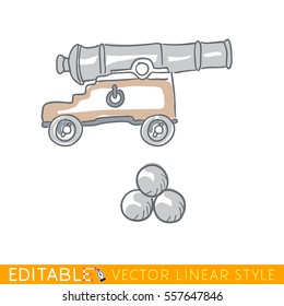 Old cannon with kernels. Ancient artillery gun. Editable line drawing. Stock vector illustration.