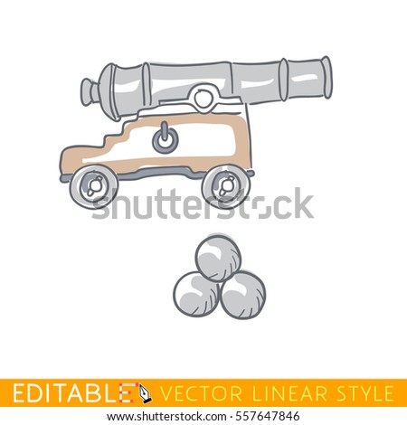 Old cannon with kernels. Ancient artillery gun. Editable line drawing. Stock vector illustration.