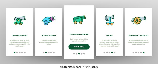 Old Cannons, Artillery Vector Onboarding Mobile App Page Screen. Historic Weapon, War Cannons, Guns. Ancient, Antique Firearm. Battlefield, Military Equipment