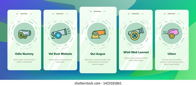 Old Cannons, Artillery Vector Onboarding Mobile App Page Screen. Historic Weapon, War Cannons, Guns. Ancient, Antique Firearm. Battlefield, Military Equipment Isolated