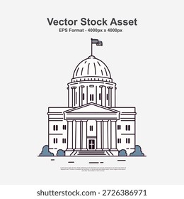 Antiguo edificio del capitolio ilustrado en un estilo clásico de arte dibujado a mano con líneas simples. Esta ilustración arquitectónica histórica utiliza un diseño de Vector limpio en formato EPS, ideal para proyectos de educación, historia e ilustración creativa.