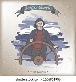 Old captain color sketch. Maritime adveture series. Great for travel ads and brochures, sailing and tourist illustrations.