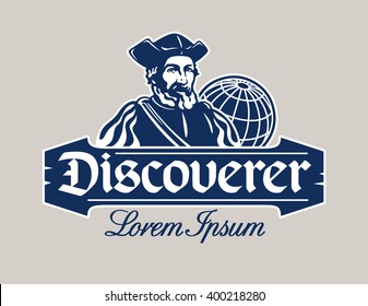Old captain and Earth globe logo template; discoverer, traveler, seafarer or navigator. Vector illustration.