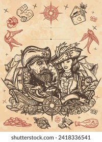 Old captain, irate girl and ships. Old paper vector. Cover page template. Elderly sea wolf smocking pipe, parrot, compass, rope, wave, anchor and skull. Symbol of ocean adventure