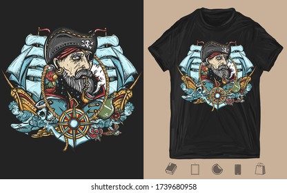 Old captain and pirate ships. Creative print for dark clothes. T-shirt design. Template for posters, textiles, apparels. Elderly sea wolf smocking pipe, parrot, compass, rope, wave, anchor and skull 