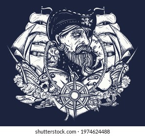 Old captain and pirate ships in dark background. One color t-shirt design art. Elderly sea wolf smocking pipe, parrot, compass, rope, wave, anchor and skull. Symbol of ocean adventure, treasure island