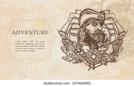 Old captain and pirate ships. Renaissance background. Elderly sea wolf smocking pipe, parrot, compass, rope, wave, anchor and skull. Medieval manuscript, engraving art 