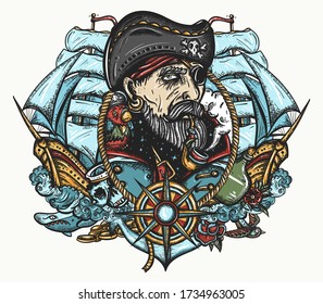 Old captain and pirate ships. Old school tattoo style. Elderly sea wolf smocking pipe, parrot, compass, rope, wave, anchor and skull. Symbol of ocean adventure, treasure island  