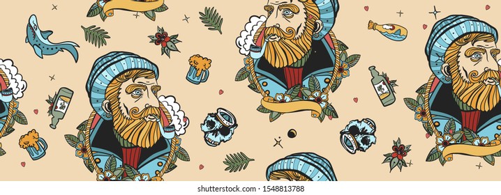 Old captain, retro style. Traditional tattooing vintage background. Travel seamless pattern. Sea adventure. Old school tattoo style 