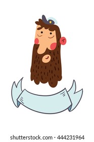 Old captain of the ship. Cute hand drawn doodle card, isolated background, text space