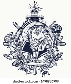 Old captain smokes a pipe. Bearded seaman portrait. Tattoo and t-shirt design. Sea wolf, lighthouse, steering wheel. Ocean adventure tattooing style 