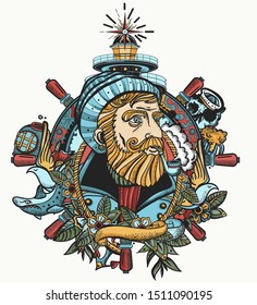 El viejo capitán fuma una pipa. Retrato de marinero con barba. Tatuaje en color y diseño en pantalones. Lobo marino, faro, volante. Estilo de tatuaje de aventura oceánica