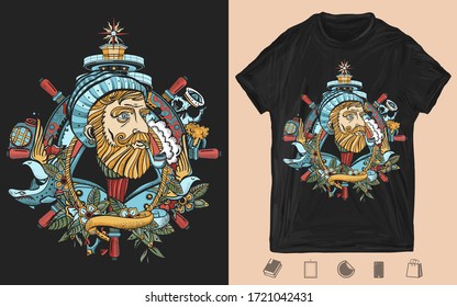 Old captain smokes pipe. Bearded seaman portrait. Sea wolf, lighthouse, steering wheel. Creative print for dark clothes. T-shirt design. Template for posters, textiles, apparels 