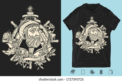 Old captain smokes a pipe. Bearded seaman portrait. One color creative print for dark clothes. T-shirt design. Template for posters, textiles, apparels. Sea travel concept 