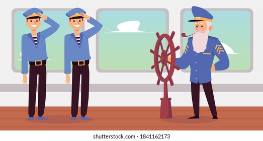 Old captain and young seamen cartoon characters on desk of sea ship, flat vector illustration. Experienced sailor teaching shipboys or students of maritime school.