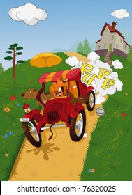 The old car and animals. Picnic in the country. Cartoon ,
