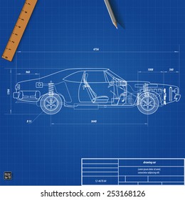 Old Car Blueprint. Vector Illustration. Eps 10