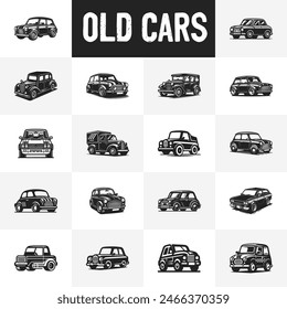 Old Car Bundle vector illustratrion. Black and White Classic Car silhouette set.