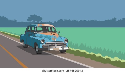 Old Car, Classic Car on a Country Road, vector illustration.