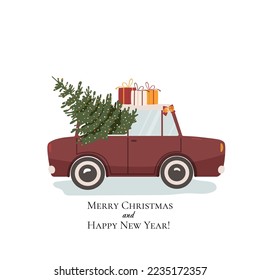 Old car delivery Christmas tree. Retro automobile driving Xmas fir, preparing for winter holidays. Merry Christmas postcard, invitation. Flat vector illustration isolated on white background
