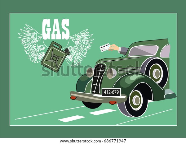The Old Car Driver pays for Gasoline\
Purchase with a Payment Card. Vector\
illustration
