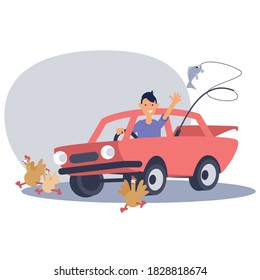 The old car drives the chickens