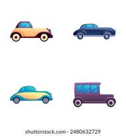 Old car icons set cartoon vector. Various retro automobile. Classic vintage car