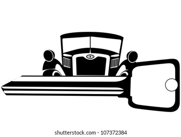The old car and the ignition key. Black and white illustration.