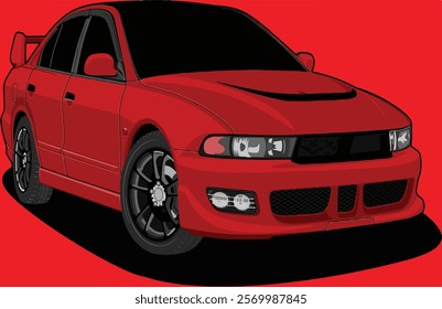 Old Car Illustration Vector With Red Background.