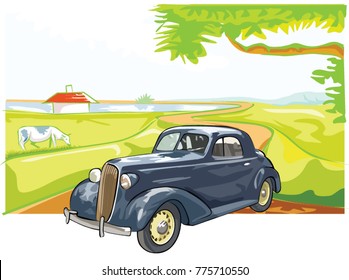 Old car parked in beautiful nature background