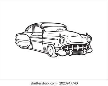 Old car parked and waiting hand drawn outline illustration. Undercover low rider attractive 4 wheel limousine, vintage and iconic logo symbol. Antique machine and vintage automobile cartoonish sketch.