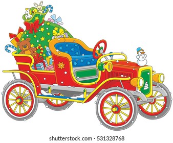 Old car of Santa Claus with his big bag of Christmas presents