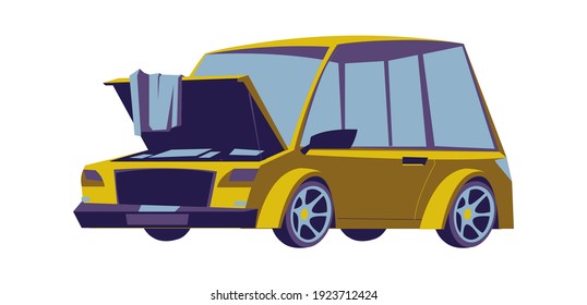 Old car sedan with open hood, cartoon isolated vector icon