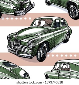 Old car sketch - seamless pattern