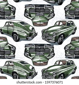 Old car sketch - seamless pattern