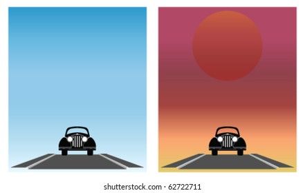 Old car travelling along a deserted road with blue sky and sunrise