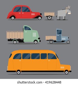 Old car. Vintage machines. Retro appliances. auto icons. Cartoon transport. Cute donkey with a cart.