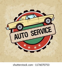 old car in vintage style - vector illustration. Auto service label