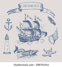 Old caravel. Hand drawn vector sketch. Detail of the old geographical maps: anchor, lighthouse, sea monster, shell, starfish, sea knot