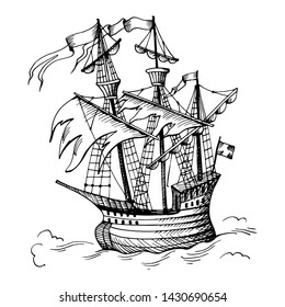 Old caravel, vintage sailboat.  Ghost ship. Hand drawn sketch. Detail of the old geographical or fanasy maps of sea.
