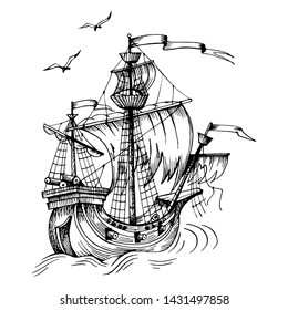 Old caravel, vintage sailboat. Ghost ship.  Flying Dutchman. Hand drawn sketch. Detail of the old geographical or fanasy maps of sea.