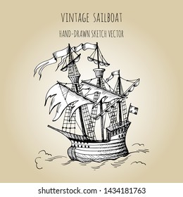  Old caravel, vintage sailboat. Ghost ship. Flying Dutchman. Hand drawn sketch. Detail of the old geographical or fanasy maps of sea.