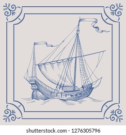 Old caravel, vintage sailboat. Hand drawn vector sketch. Detail of the old geographical maps of sea