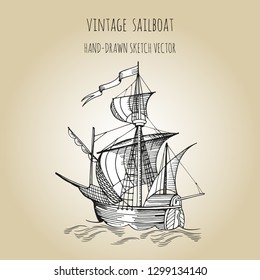 Old caravel, vintage sailboat. Hand drawn sketch. Detail of the old geographical maps of sea